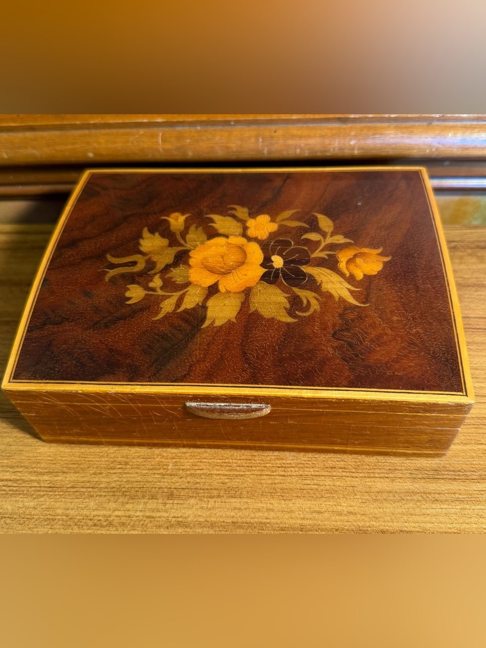 Vintage Wood Double Card Trinket Box Floral Inlay Style Good Condition